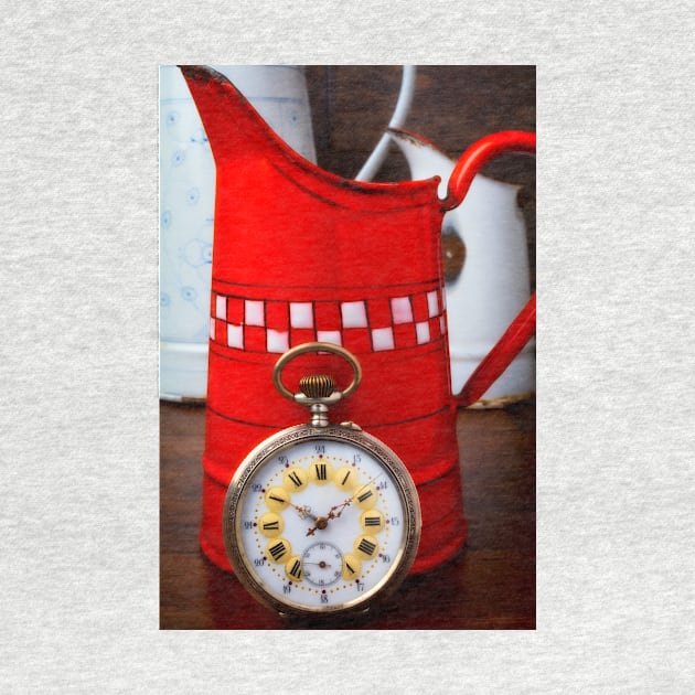 Beautiful Pocket Watch Against Red Pitcher by photogarry